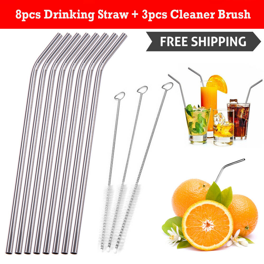 8pcs Stainless Steel Metal Drinking Straw Reusable Straws+3 Cleaner Brush Kit